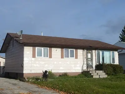 A house with a dog in front of it.
