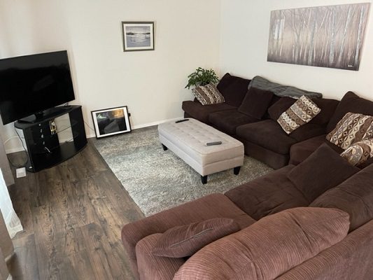 A living room with a brown couch and tv.