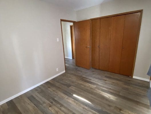 An empty room with wood floors and a closet.