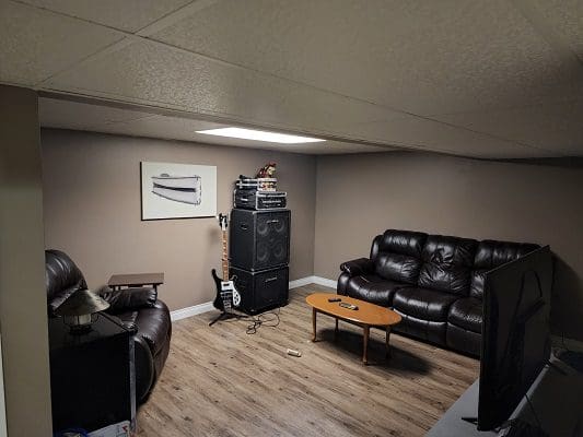 A living room with couches and a guitar.