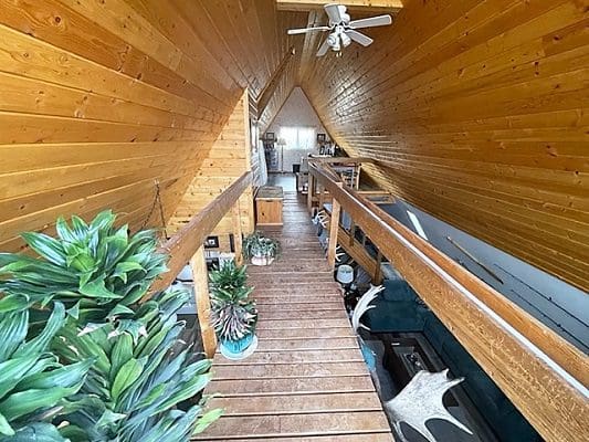 A view from the top of a wooden house.