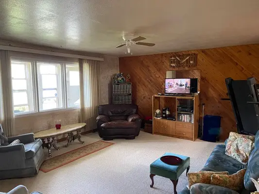 A living room with couches and a tv.