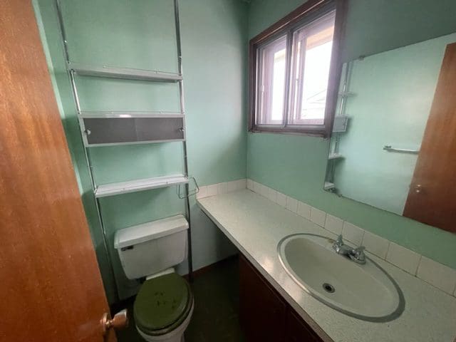 A green bathroom with a toilet and sink.