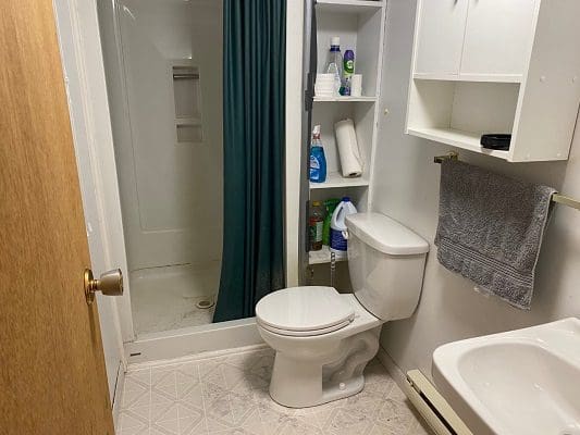 A small bathroom with a toilet and shower.