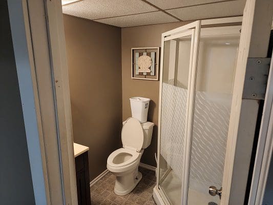 A small bathroom with a toilet and shower.