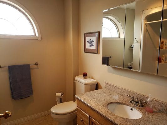 A bathroom with an arched window and a toilet.