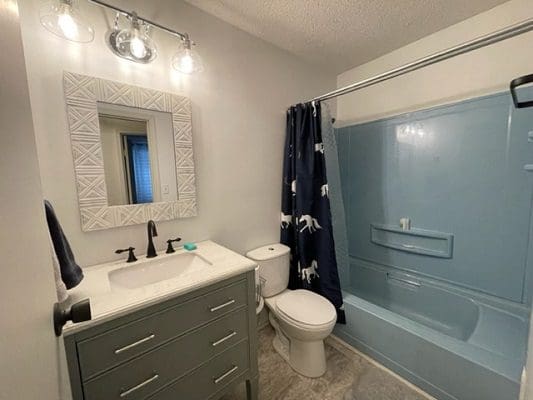 A bathroom with a blue shower curtain and toilet.