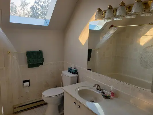 A bathroom with a skylight over the sink and toilet.