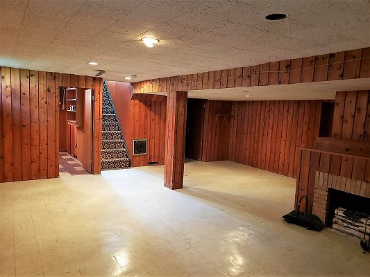 An empty basement with wood paneling and a fireplace.