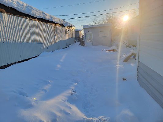 The sun is shining on a snow covered yard.