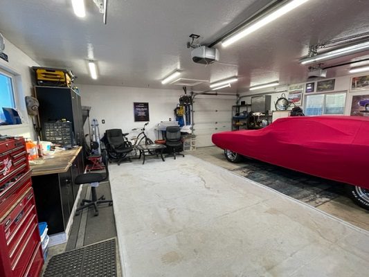 A car in a garage.