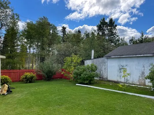 A backyard with a red fence and a lawn mower.