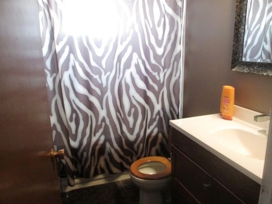 A bathroom with a zebra print shower curtain.