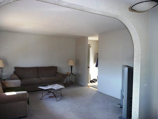 A living room with a couch and tv.
