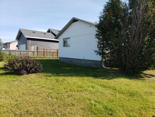 A house in a backyard with grass and trees.