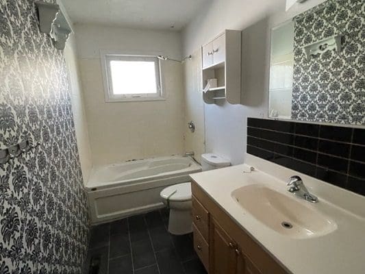 A bathroom with a toilet and a sink.