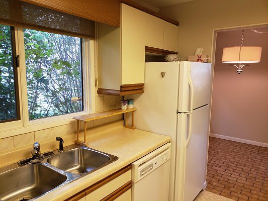 A kitchen with a sink and a window.