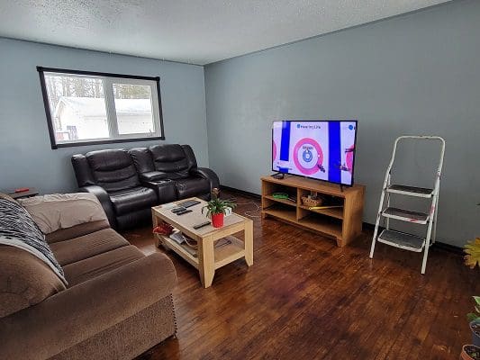 A living room with couches and a tv.