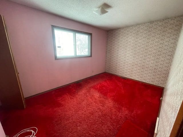 An empty room with red carpet and a window.