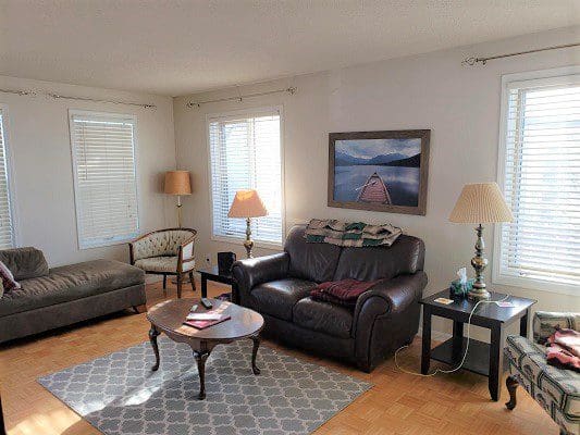 A living room with a brown couch and a coffee table.