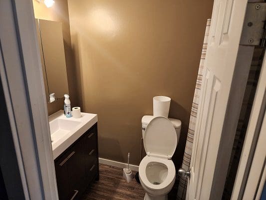 A bathroom with a toilet and sink.