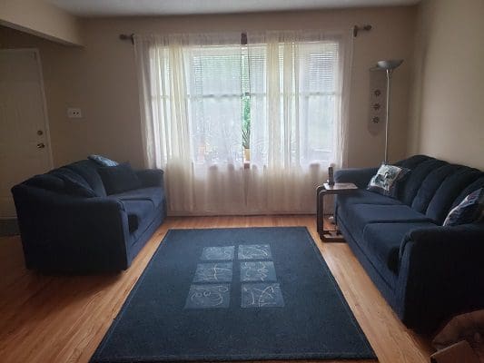 A living room with two couches and a rug.