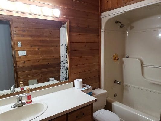 A bathroom with wood paneling and a toilet and shower.