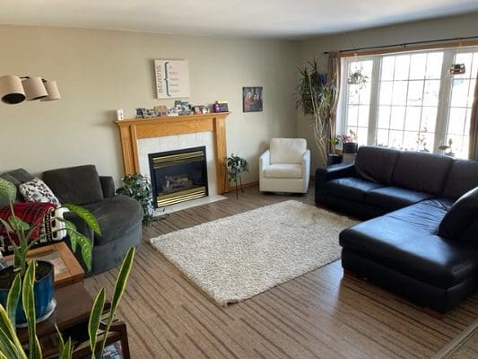 A living room with couches and a fireplace.