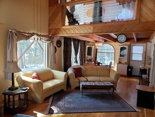 A living room in a log cabin with a fireplace.