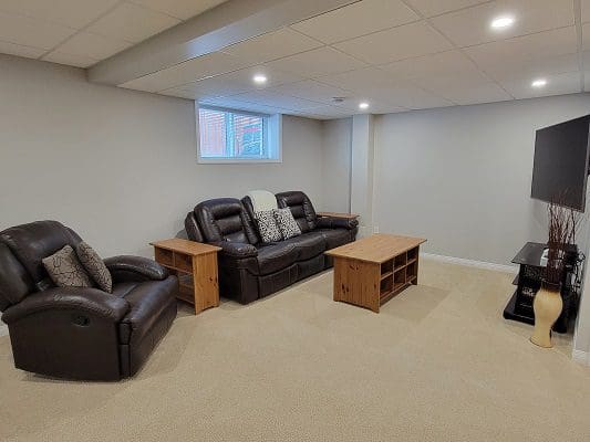 A living room with couches and a tv.
