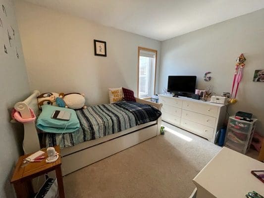 A bedroom with a bed, dresser and tv.