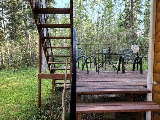 A wooden deck with stairs leading to a wooded area.