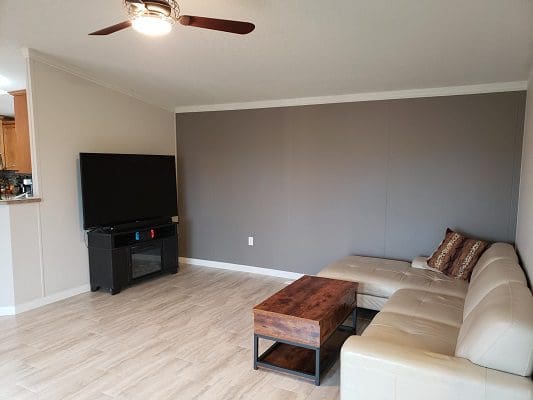 A living room with a couch, tv, and ceiling fan.