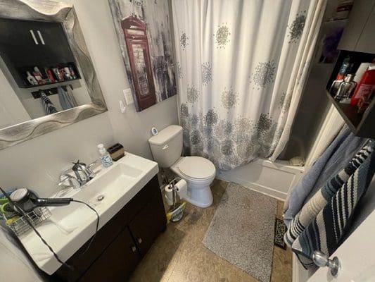 A bathroom with a toilet, sink and shower curtain.