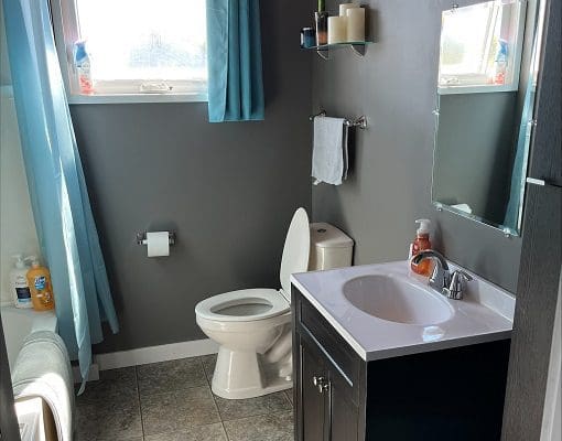 A bathroom with a toilet, sink and shower.