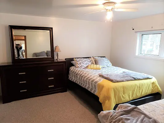 A bedroom with two beds and a dresser.