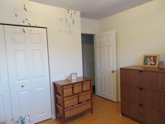 A bedroom with a dresser and closet.