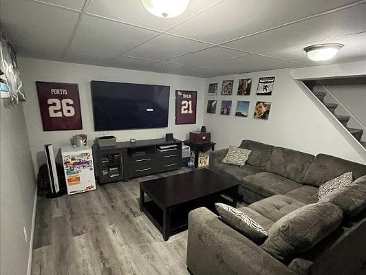 A living room with couches and a tv.