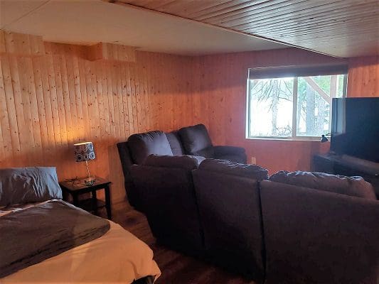 A living room with couches and a tv.