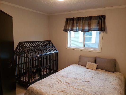 A dog cage in a bedroom with a window.