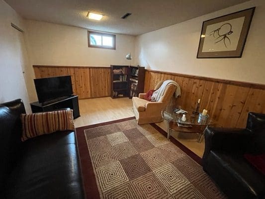 A living room with couches and a tv.