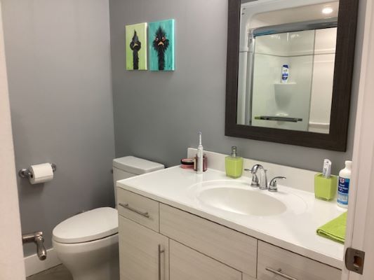 A bathroom with gray walls and a toilet.
