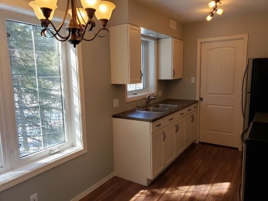 A kitchen with a sink and a window.