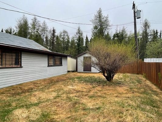 A small backyard with a house and a shed.