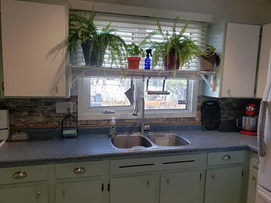 A kitchen with green cabinets and a sink.