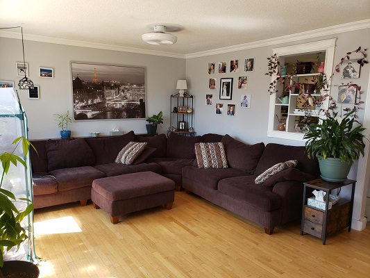 A living room with a brown couch and hardwood floors.