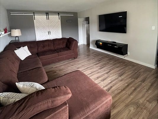 A living room with a brown couch and tv.
