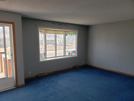 An empty room with blue carpet and a window.