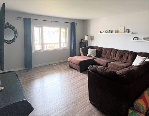 A living room with a brown couch and tv.