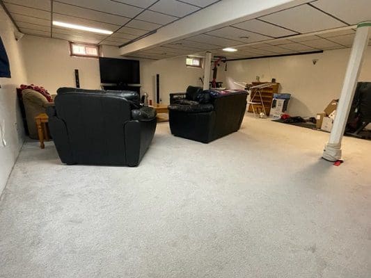 Basement with couches and carpeted floor.